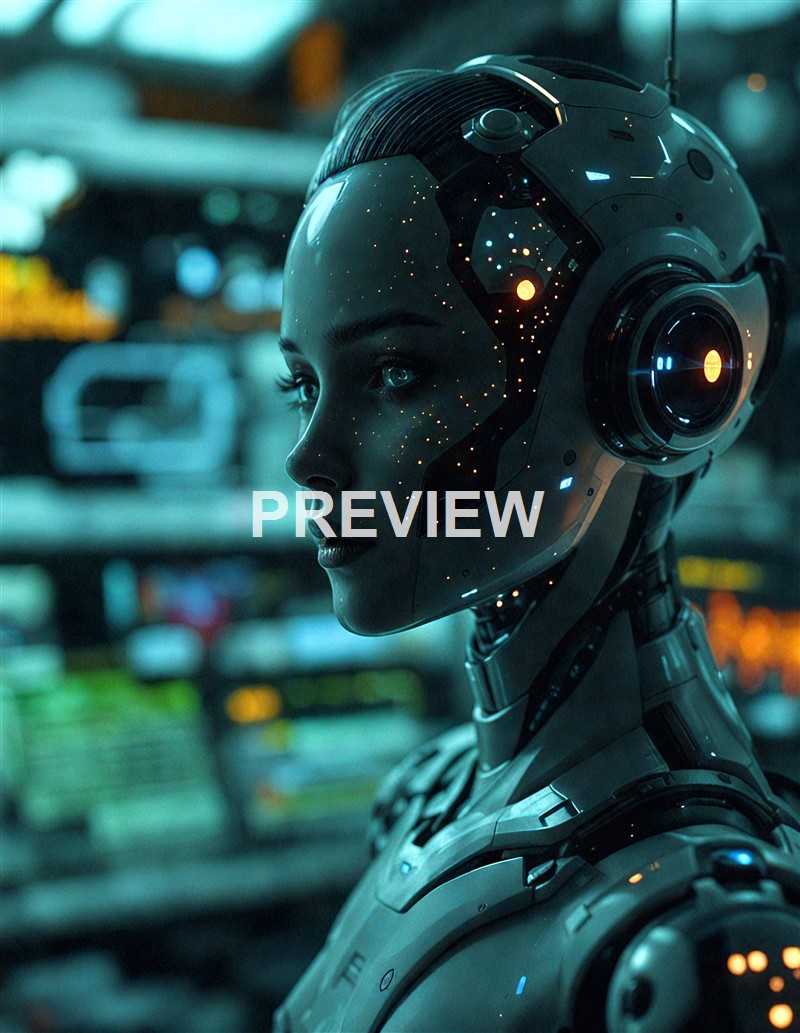 A highly detailed close-up of a female humanoid robot with a sleek, futuristic design, featuring glowing elements and a human-like face, set against a blurred technological background.